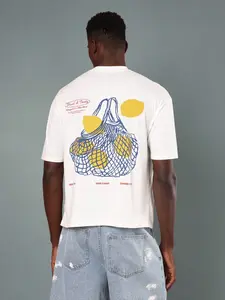 Unisex Off-White Cropped Oversized Lemon Net Bag Print T-Shirt, American Retro Fresh Summer Style, Summer Casual Versatile Top with Back "Fresh & Tasty Organic Market" Slogan Graphic, Trending Ins Streetwear