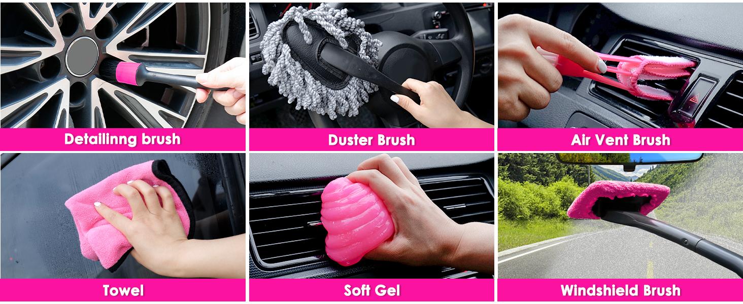 THINKWORK Car Detailing Kit Interior Cleaner with 8000PA Cordless Pink Handheld Vacuum Cleaner & 5 Detailing Brushes for Women's Car Care Gift
