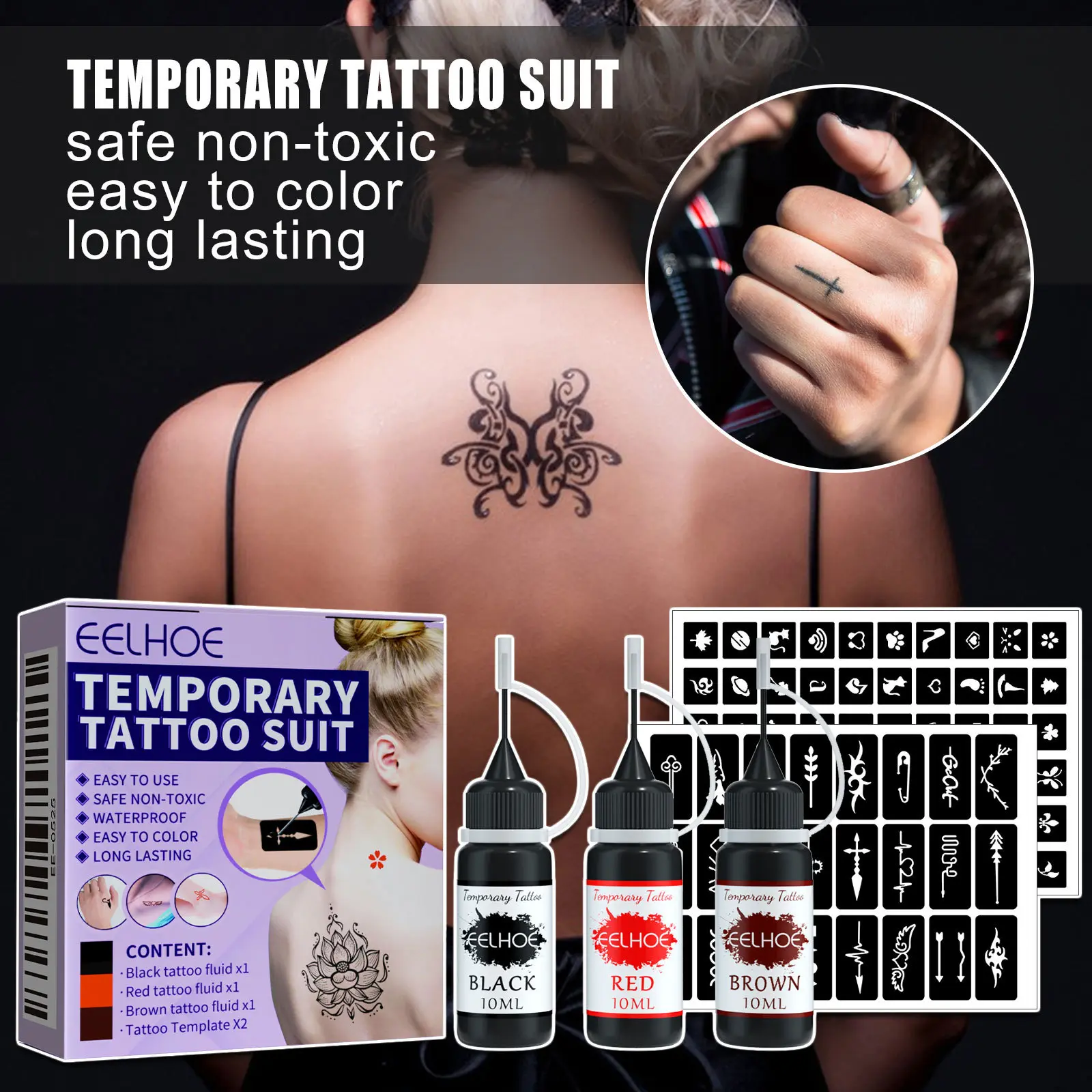 Natural Plant Juice Temporary Fake Tattoos Set, gentle skin-friendly formula. Easy stencil application, waterproof and fade-resistant, perfect for parties and festivals