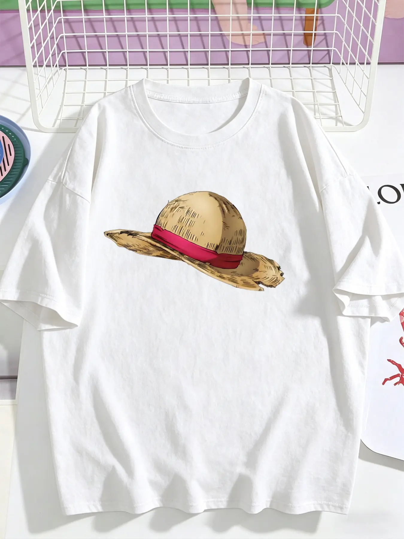 One Piece Luffy Straw Hat Print Short Sleeve Round Neck T-Shirt, Summer Loose Fit Cotton Top, Anime Streetwear, Casual Daily Wear