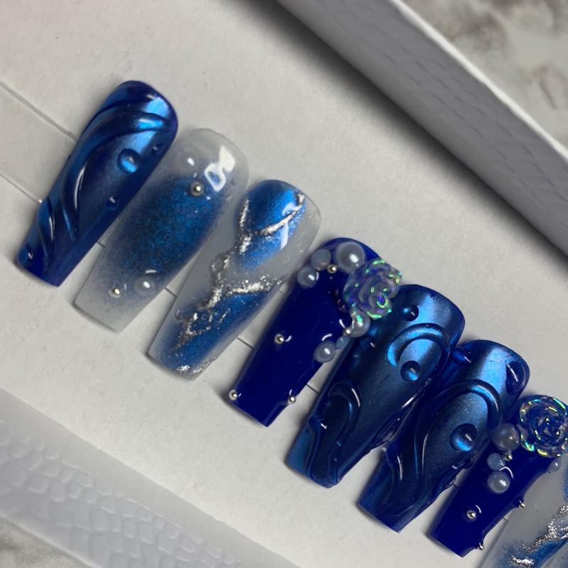 Blue Aura Nails, Chrome Nails, Long Coffin Nails, 3d Nail Art, Press on Nails