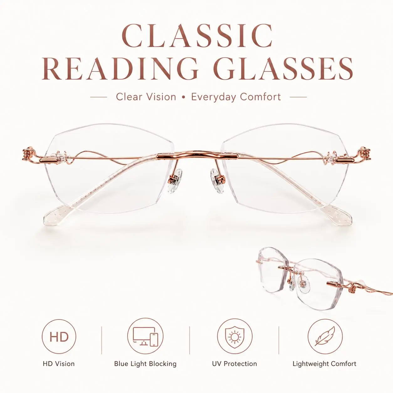 Rimless Reading Glasses for Women, HD Clear Vision Readers with Blue Light Blocking, Lightweight Metal Frame Eyewear with Adjustable Nose Pads for Daily Use