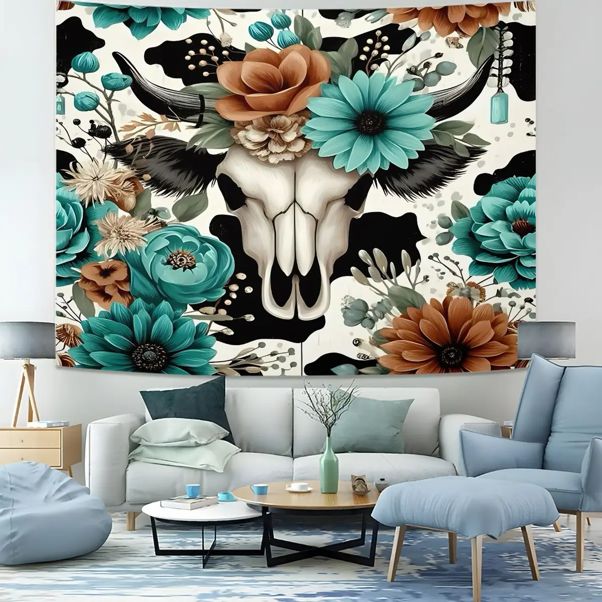 Western Cow Skull Floral Designs Tapestry, Boho Cow Print Wall Hanging Tapestries, Digital Print Wall Blanket for Bedroom Living Room, Rustic Cowboy Backdrop Decor, Decoration for Home, Party, Photo Background