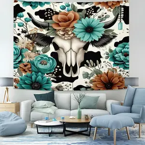 Western Cow Skull Floral Tapestry, Boho Cow Print Wall Hanging Tapestries, Aesthetic Digital Print Wall Blanket for Bedroom Living Room Dorm, Rustic Cowboy Backdrop Decor for Home, Party, Photo Background