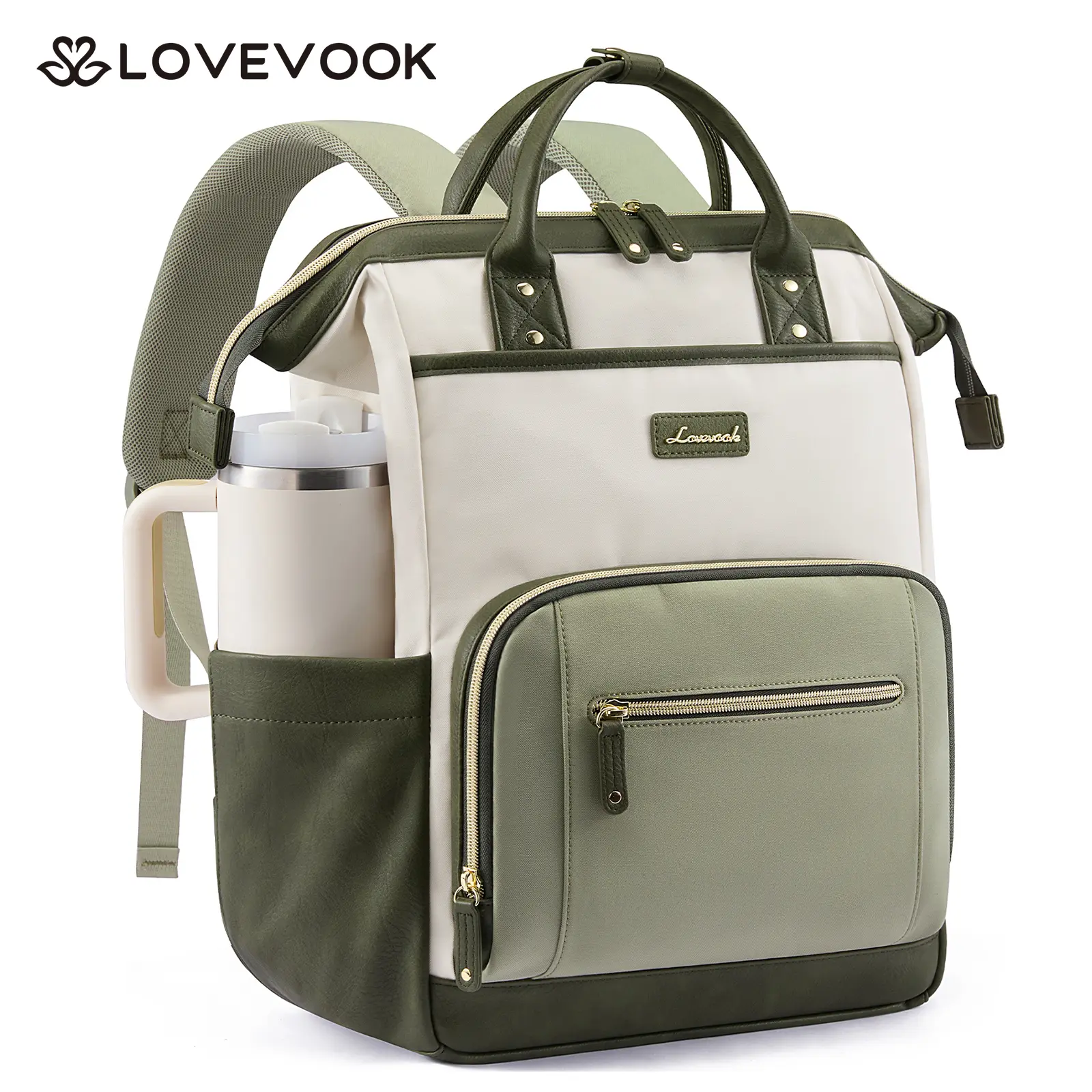 LOVEVOOK Laptop Backpack for Women with Giant Tumbler Holder,15.6 inch Professional Nurse Teacher Backpack Computer Laptop Bag,Cute Waterproof Travel Backpack Purse Work College Bag, Beige-Black-Brown