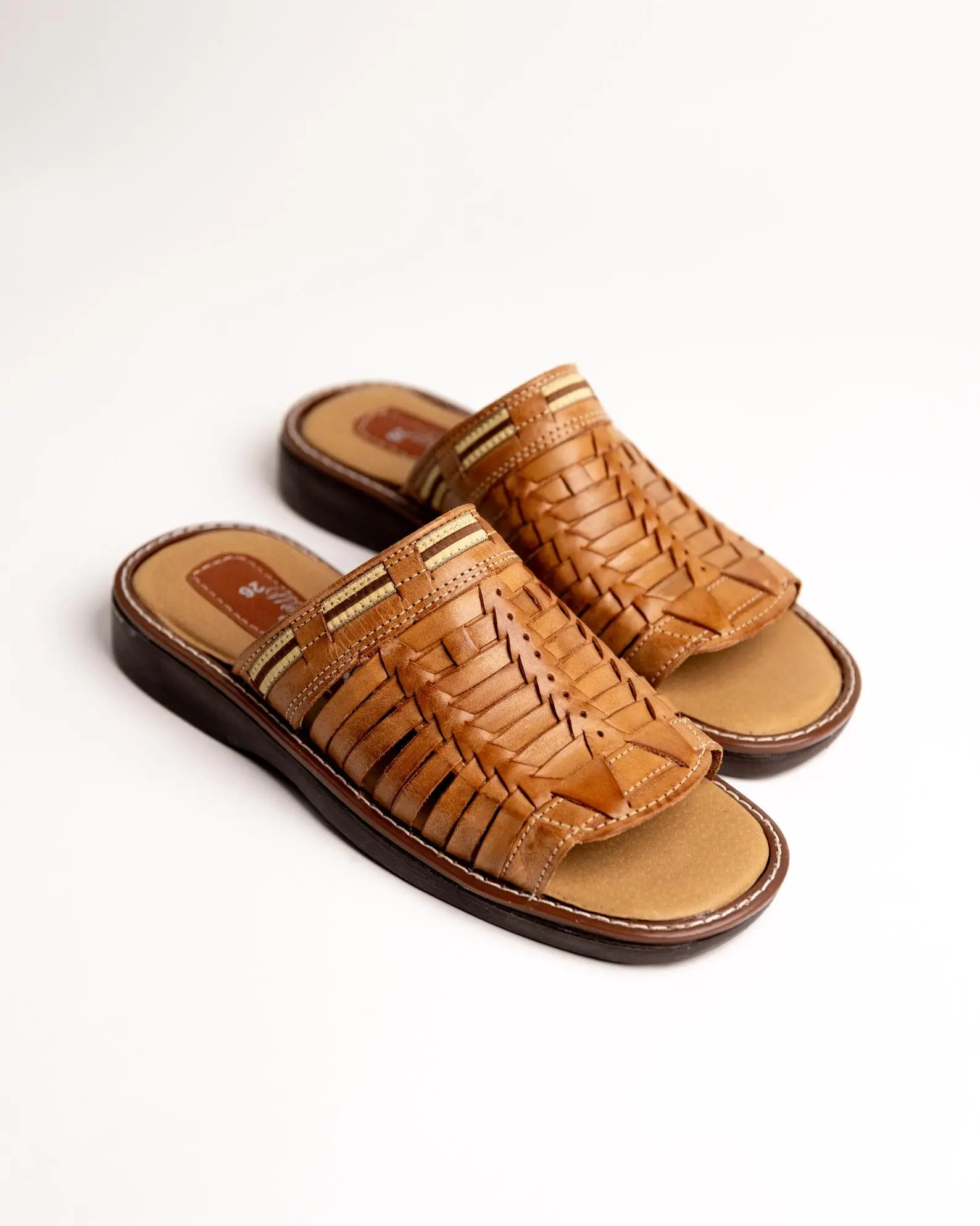 Mens Leather Slider Huarache Sandals – Handmade Mexican Slip-On Shoes, Comfortable Wide Sole Sandals