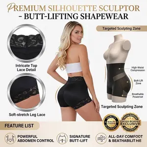 Women's High-Waisted Tummy Control Shapewear Panties - Butt Lifting Compression Underwear, Contrast Lace, Elastic Waist, Breathable Nylon for All-Season Daily Wear postparto