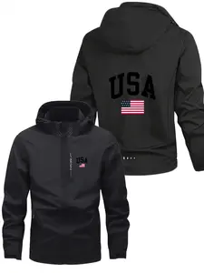 Men's Fashion Jacket with Usa Logo, Stylish Zip Pocket, Casual Hooded Design, Polyester Material, Spring & Fall Wear, Loose Fit