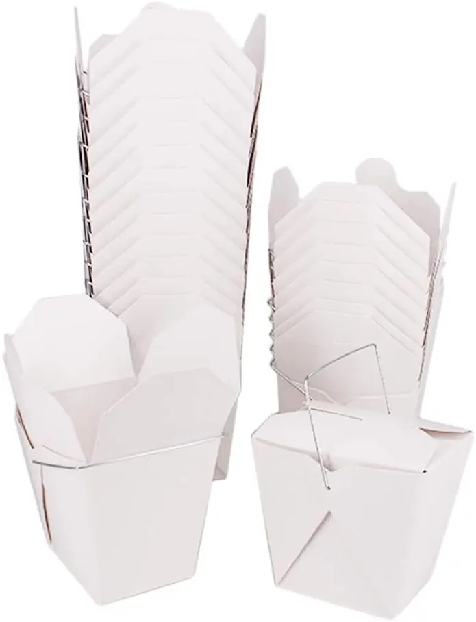 50 Pack 16Oz White Takeout Container Boxes with Metal Wire Handle , Party Favor Boxes Paper Take Out Food Containers For Hot Or Cold Food,Greaseproof
