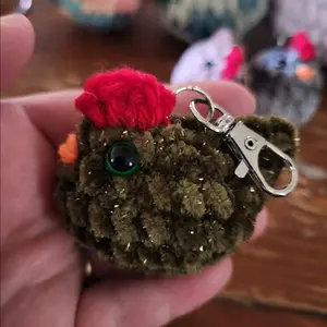 chunky crocheted chicken keychain plushie