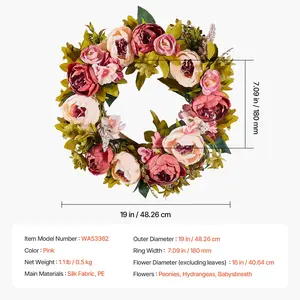 Summervibes VEVOR Artificial Decorative Wreath, 19 in, Pink, Decorated with Peonies, Hydrangeas, Babysbreath, Year Round Wreath for All Seasons Indoor and Outdoor Home Wall Window Festival Wedding Decorations