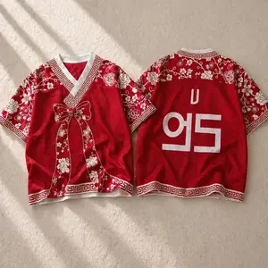 Kpop Hanbok Style Croptop V-Neck Jersey | Traditional Korean Floral Red Croptop V-Neck Fan Shirt | Retro Aesthetic Hallyu Merch Oversized Tee AR-MY Gift for Her