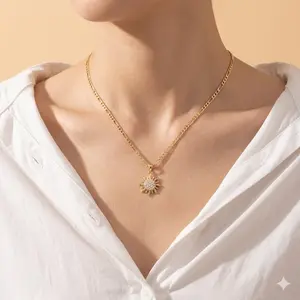 Cute Sun Pendant Necklace for Women, Shiny CZ Center Figaro Chain, Ideal Birthday Anniversary Valentine's Day Gift for Her Girls