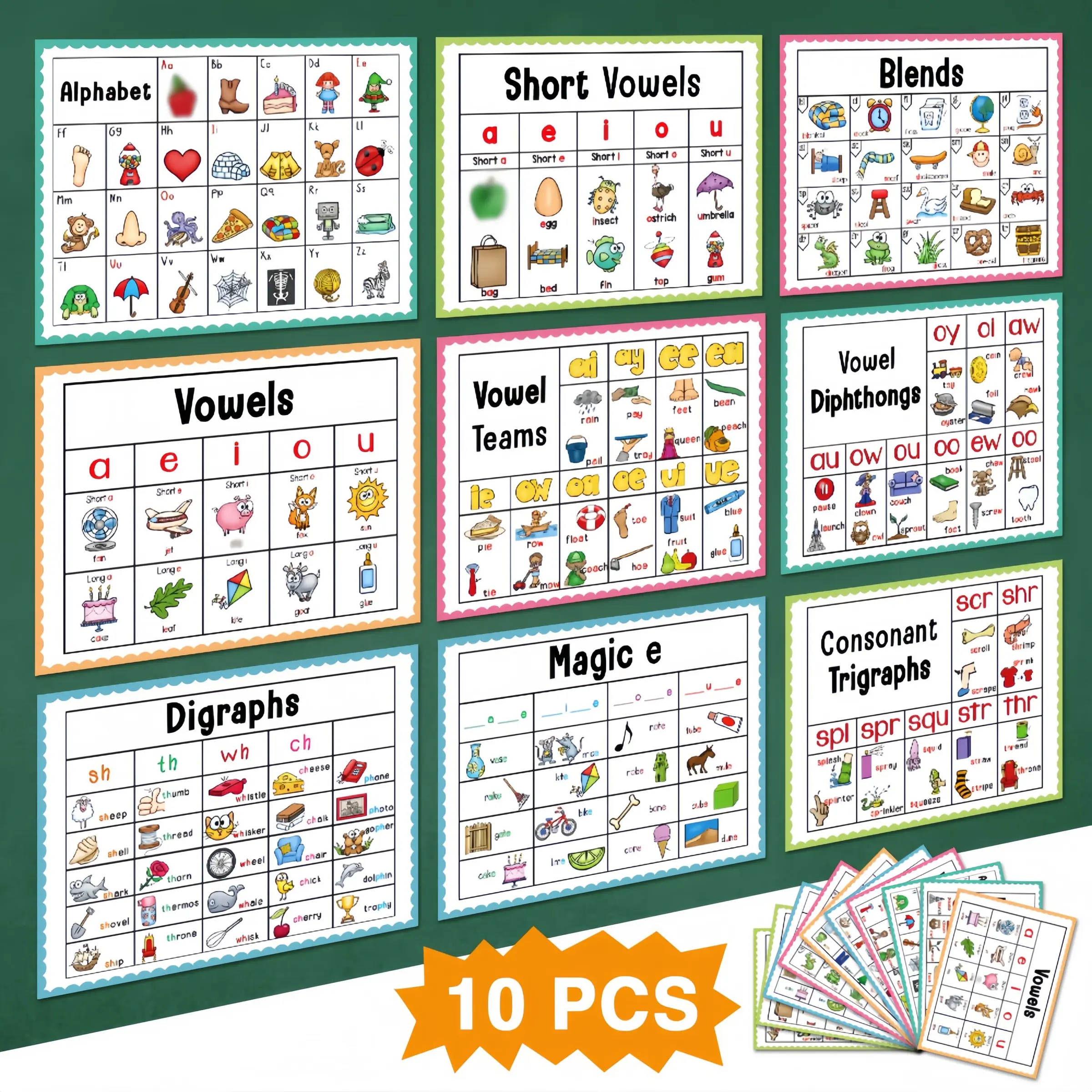 10 Pcs Natural Reading Posters for Early Education, English Word Learning Tools, Classroom Supplies, Teaching Supplies, Ideal for Classroom and Room Decoration, Alphabet Learning Chart, Alphabet Wall Chart, Preschool Learning Charts