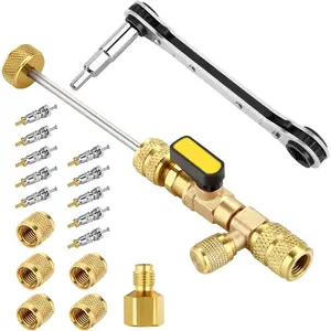 1 Set Valve Core Remover Tool and HVAC Service Wrench Set with Hex Bit Adapter,Dual Size SAE 1/4 & 5/16 Port,10 PCS Valve Cores with Teflon Seal,5 PCS Brass Nuts for HVAC Equipments Repair
