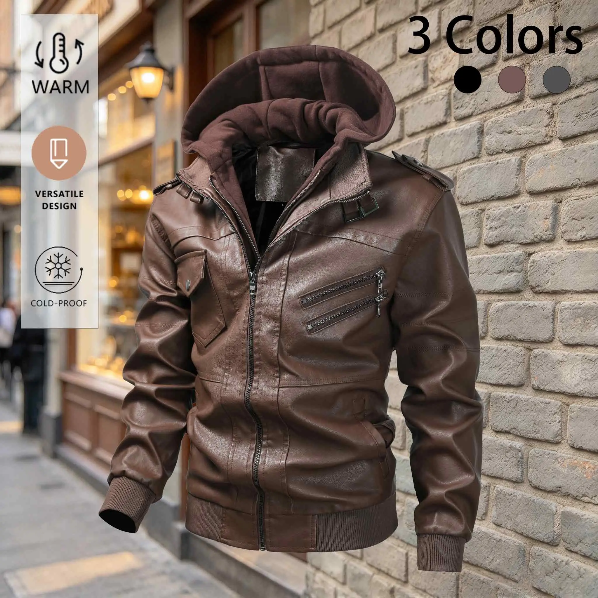 Men’s detachable hood leather jacket for autumn/winter, vintage casual workwear design with multiple zippered pockets, windproof, available in 3 colors