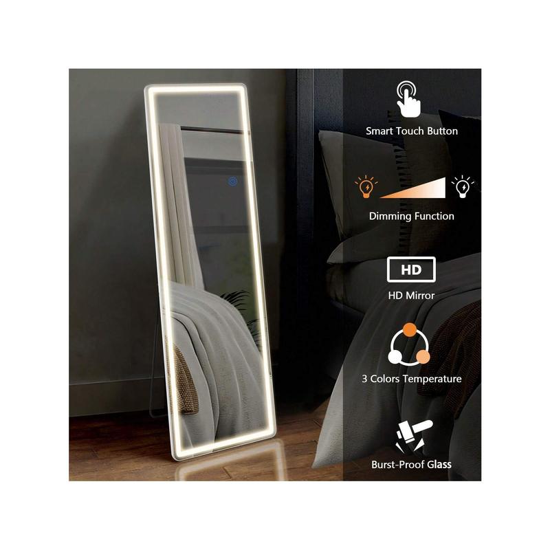 64"X 21" Full Length Mirror With LED Lights Full Body Floor W/Dimming 3 Color Lighting Mirrors Lighted Standing Hanging Tall With Stand Aluminum Thin Frame For Living Room, Home