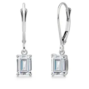 Gem Stone King 14K White Gold Gemstone Birthstone Leverback Dangle Leverback Dangle Earrings for Women | Emerald Cut 6X4MM | Gold Jewelry for Her Mom Wife