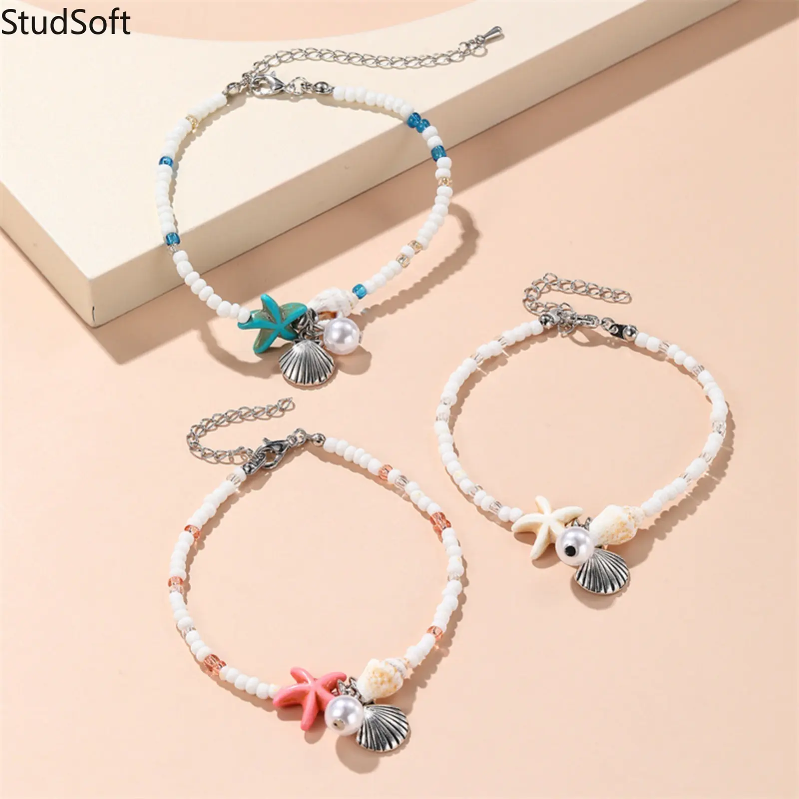 Women's Dainty Seed Bead Bangle, Elegant Bohemian Coastal Female Jewelry with Natural Starfish, Seashell Charms, Dainty Seed Bead Bracelet, Blue, Pink, Nautical, Ethnic, Starfish Shell, Dainty Look,back to school,back to school haul