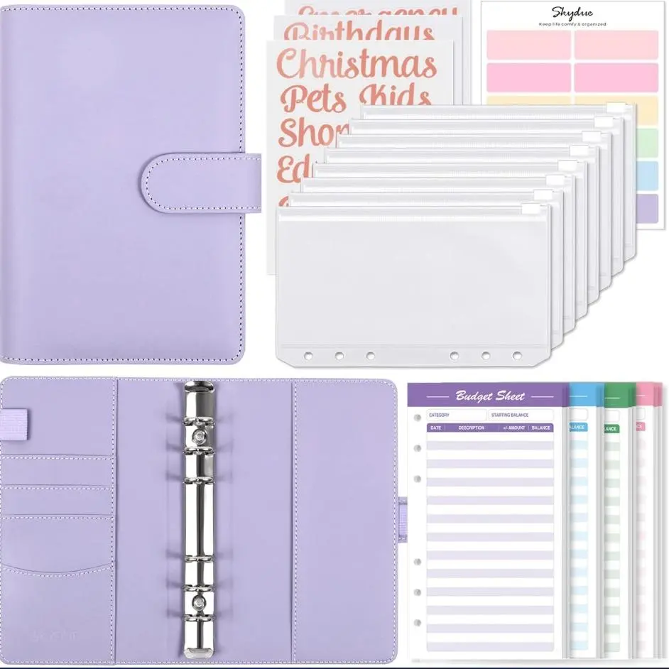 SKYDUE Budget Binder with Zipper Envelopes – A6 Cash Organizer, 12 Budget Sheets & Rose Gold Labels