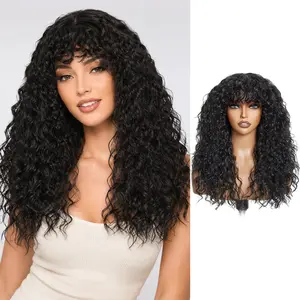 20 Inch Shaggy Haircuts Synthetic Hair Natural Black Curly Wig with Bangs Glueless Synthetic Bang Wigs with Realistic Scalp Put On and Go Beginner Friendly Pre Styled Wig