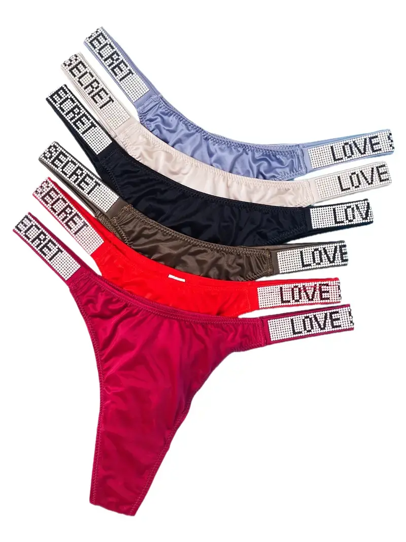 Women's Low-Waist Stretchy Lingerie Thongs - 6-Piece Set, T-Back Design with Rhinestones & Letter Diamonds, Comfortable Fit for Everyday Wear, S-XL Womenswear Underwear