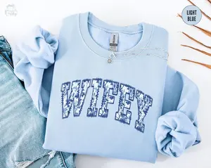 Blue Floral Wifey Sweatshirt, New Bride Gift, Coquette Bridal Shower Gift, Toile Honeymoon Crewneck, Fiance Sweater, Getting Ready Outfit