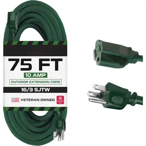 Weatherproof 75 Ft Outdoor Extension Cord - 16/3 SJTW Heavy Duty Green Extension Cord 3 Prong - 10 Amp Exterior Power