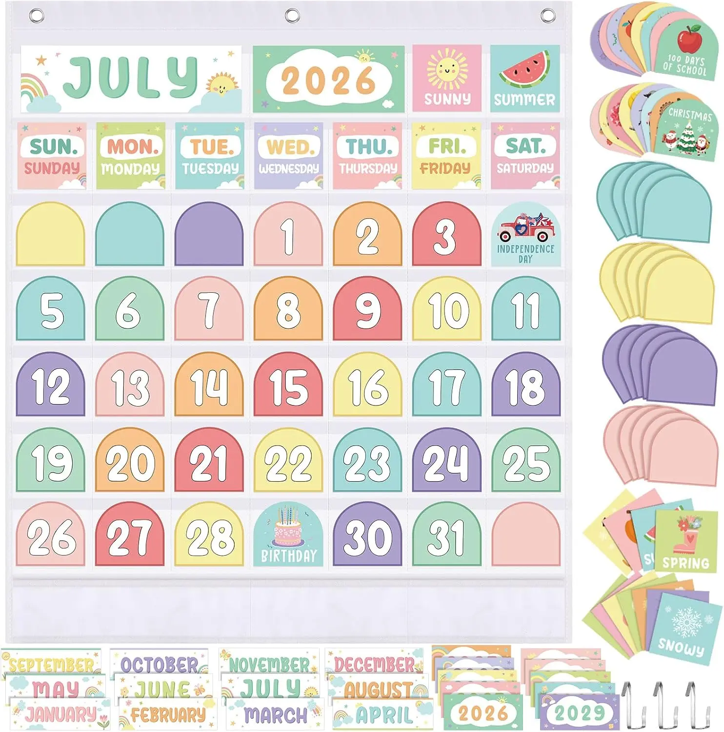 Back to School Classroom Calendar Pocket Chart Set with Activity Cards 2026, Reusable Cute Cartoon Calendar Bulletin Board Decoration, Teacher Daily Schedule Organizer for Kindergarten Preschool Homeschool Supplies