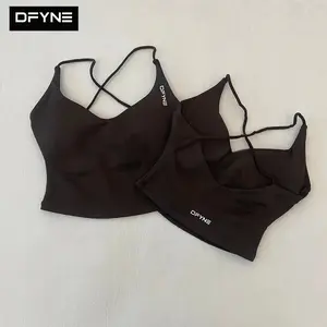 DFYNE Seamless Strappy Tank Top Only| Padded Criss-Cross Backless Longline Sports Bra, Deep V-Neck Gym Workout Crop Top for Women