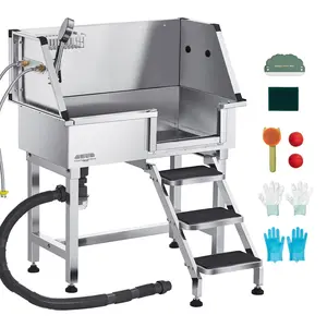 34-Inch Dog Grooming Bath Tub Stainless Steel With Non-Slip Floor Built-In Foldable Stairs Heavy-Duty Drain System Adjustable Faucet Powerful Showerhead Convenient Home Pet Washing Station For Grooming Salons