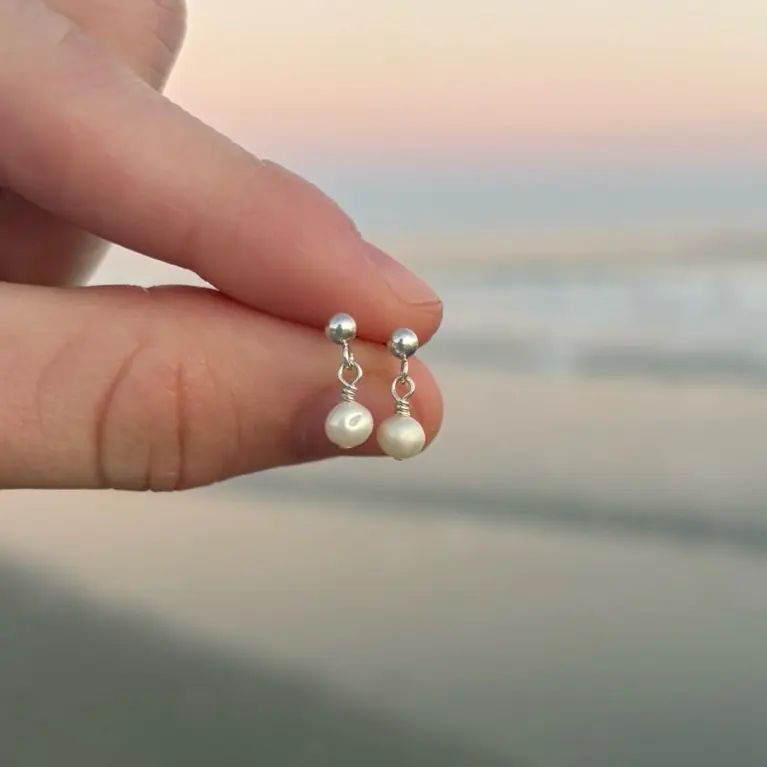 Sterling silver pearl stud earrings, waterproof everyday earrings, pearl beach earrings