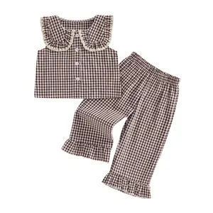 Toddler Girls Gingham Spring Outfits Peter Pan Collar Plaid Sleeveless Tops Elastic Waist Ruffle Hem Pants Set