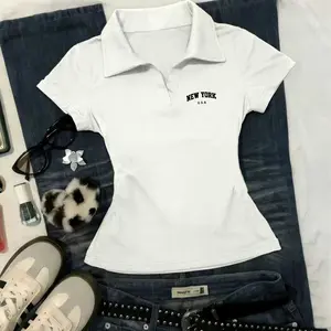 Women's Vintage Polo Shirt, Slim Fit Short Sleeve V-Neck Top, Casual Fitted Tee for All Seasons, Stylish Women's Clothing