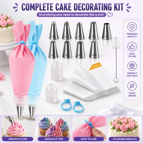 116-Pcs Professional Cake Decorating Kit - 304 Stainless Steel Tips (9 Tip Designs), Disposable Piping Bags, Durable Pastry Tools, Easy Cleanup for Baking Enthusiasts, Birthday & Anniversary Dessert Floral Looks