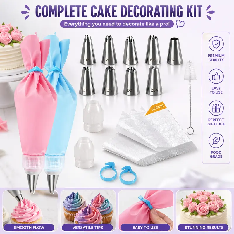 116-Pcs Professional Cake Decorating Kit - 304 Stainless Steel Tips (9 Tip Designs), Disposable Piping Bags, Durable Pastry Tools, Easy Cleanup for Baking Enthusiasts, Birthday & Anniversary Dessert Floral Looks