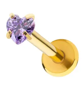 Gold PVD Heart Amethyst CZ Stainless Steel Internally Threaded Labret