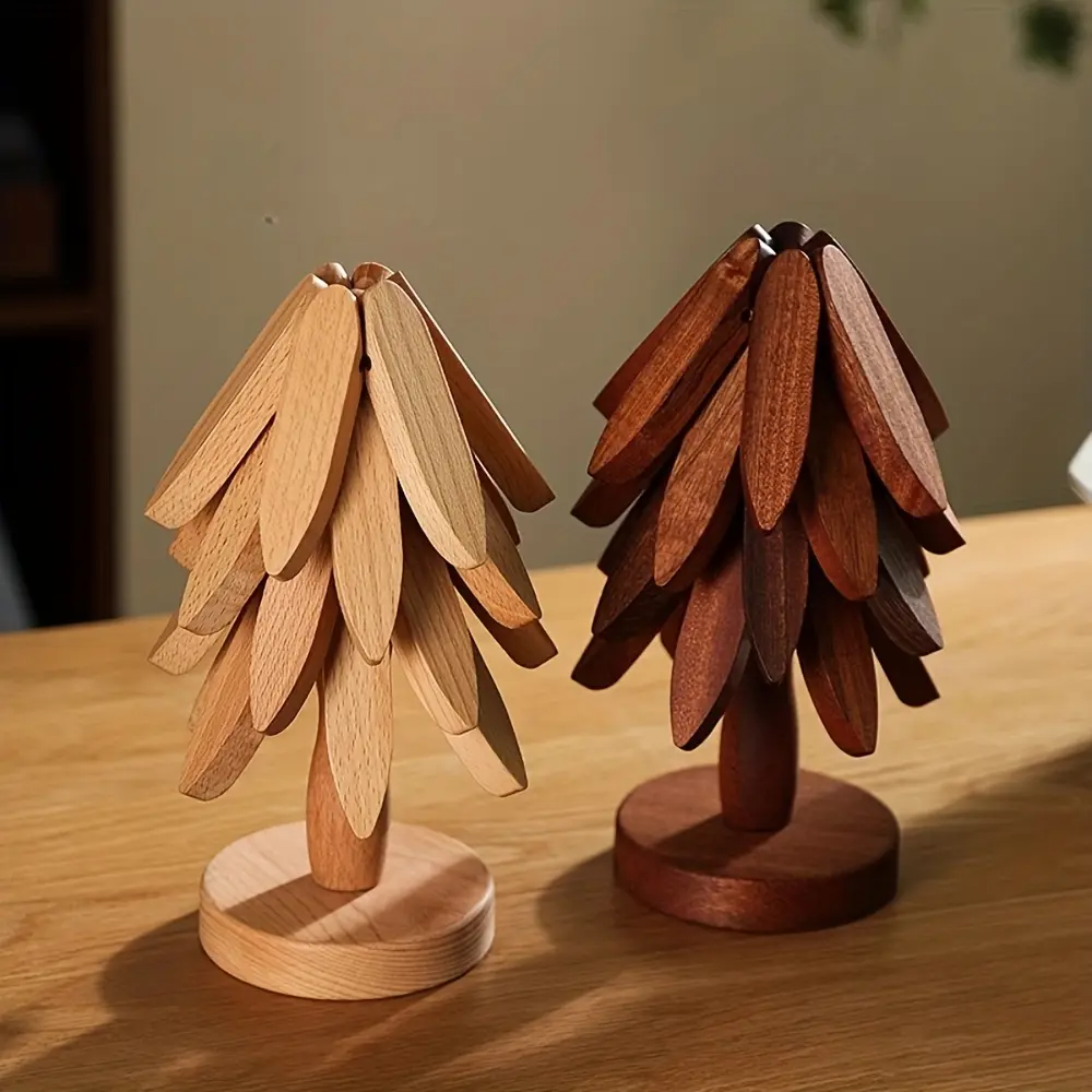 Handcrafted Solid Wood Trivet Tree - Hanging, Easy Access Leaf Trivet Holder & Heat Pads, Rustic Natural Wood Board Placemats & Coasters for Stylish Aesthetic Kitchen Decor Tableware
