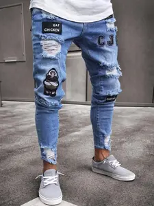 Men HipHop Holes Distressed Embroidery Design Skinny Jeans Male Trousers Holes Slim Stretch Pencil Denim Pants