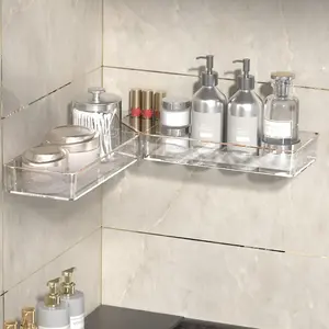 Clear Corner Adhesive Shower Caddy, Acrylic Wall Mounted Shower Shelf for Kitchen & Bathroom, No Drilling Shower Rack, Acrylic Bathroom Shelves with Self Adhesive Tape