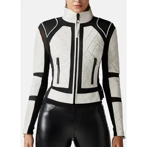 Womens White and Black Biker Leather Jacket