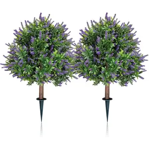 Artificial Lavender Topiary Balls Set of 2-24" UV Resistant Fake Boxwood Shrubs with Ground Spike, Artificial Plant Bush for Front Porch Home