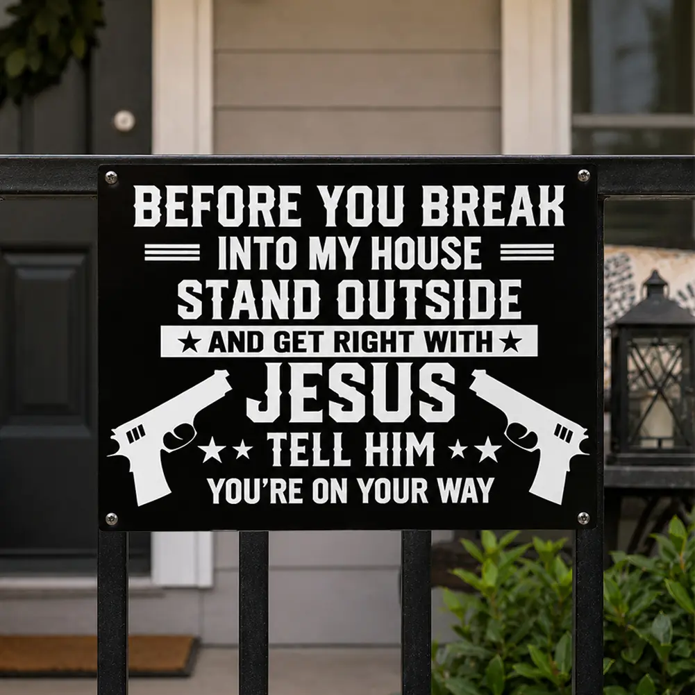 Funny Wall Decor Metal Sign – “Stand Outside & Get Right With Jesus” Tin Sign, 8×12 Inch Bold Gun Rights Wall Art for Patriotic Home, Garage & Man Cave – Palette&Wall Rustic Farmhouse Design Matte | summervibes,gift for Father's Day Home Office Decoration