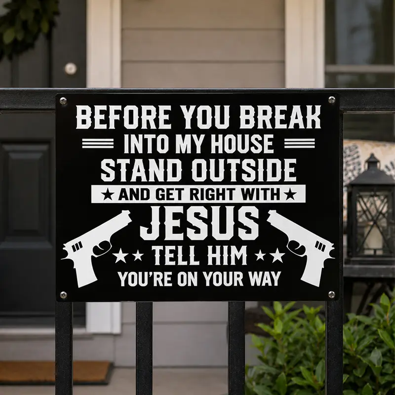 Funny Wall Decor Metal Tin Slogan Sign - "Stand Outside & Get Right With Jesus" 8x12 Inch Bold Faith+2A Mix Hanging Decor, Patriotic Rustic Farmhouse Matte Palette, Weatherproof Balcony/Bar Areas Gift, Father's Day Home Office Decoration