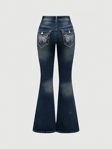 Women's Elegant Fitted Denim Jeans, Hand Embroidered Back Pockets, Rhinestone Detailing, Comfortable Stretchy Washed Look