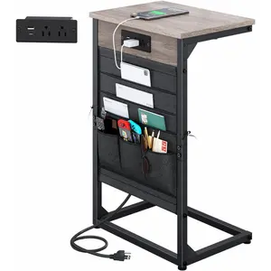 C-Shaped End Table with - Station, Small Couch Side Table with Storage Bag, Sofa TV Tray Table for Living Room, Bedroom, Bedside ET-GY-W1