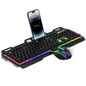 Mechanical Feel Wired Gaming Keyboard Mouse Combo with Phone Holder, Ergonomic Mouse, Metal Panel, RGB Lights, Waterproof, for Gaming & Office