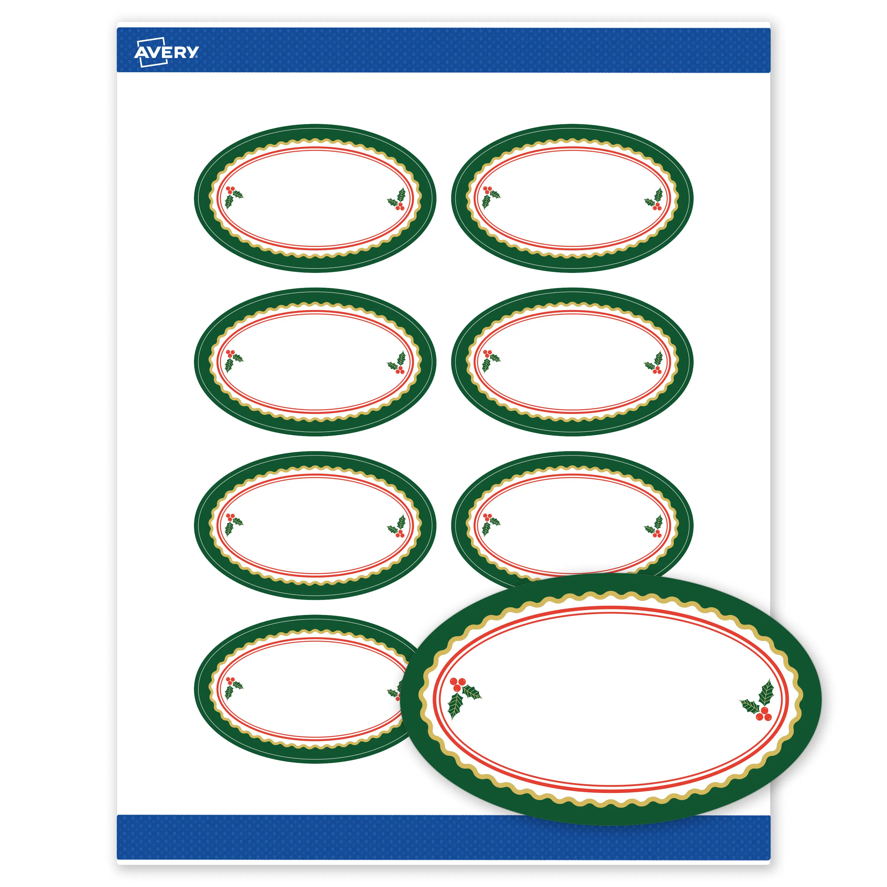 Avery® Printable Oval Labels, 2" x 3-1/3", Matte White, Pre-printed Scalloped Metallic Gold & Holly Frame Design, Sure Feed® Technology, Laser/Inkjet Compatible, 160 Total