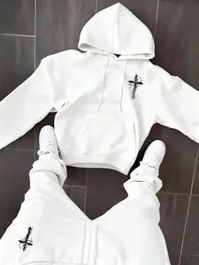 Men's Fall Winter Street Style Long Sleeve Hoodie Set, Simple Cross Pattern Print, Waist Drawstring Design, Casual Fitted Trouser Pants, Outdoor Fashion Clothes