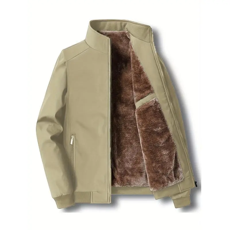 Men's Warm Fleece Jacket With Zipper Pockets, Casual Stand Collar Jacket For Fall Winter Men's Warm Fleece Jacket With Zipper Pockets, Casual Stand Collar Jacket For Fall Winter